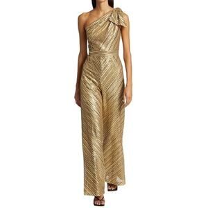 Theia Sequined Embellished Gold Marley Bow One Shoulder Jumpsuit Size 4 NWT
